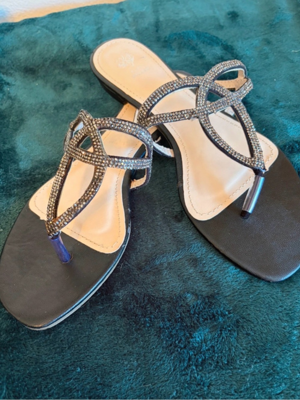 Bejeweled Black Thong Sandals with Crystal Straps